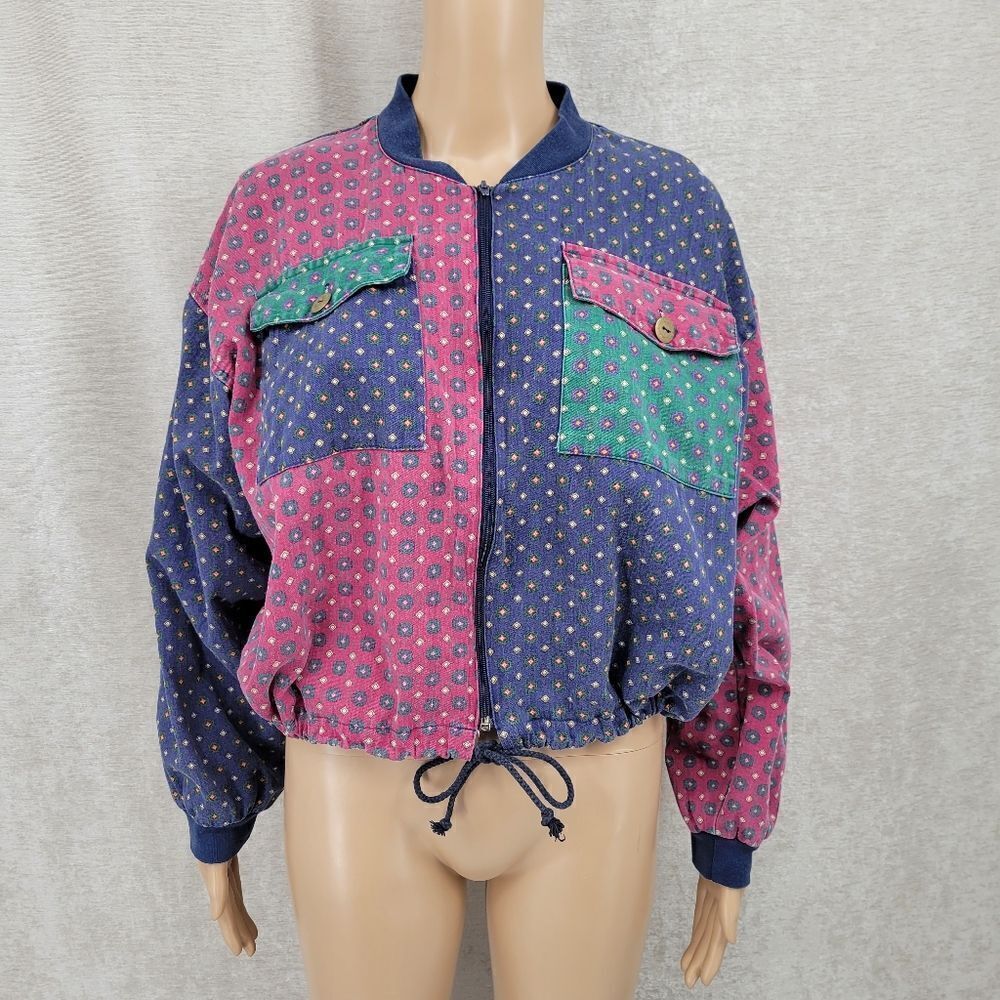 I.N. San Francisco 90s Cropped Jacket Bandana Jewel Pattern Colorblock Cotton